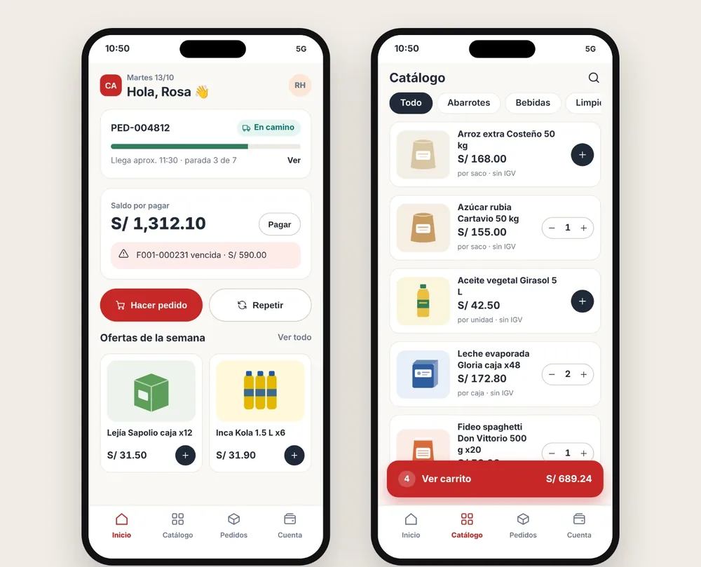 Versión móvil del portal de clientes: inicio con pedido en camino y catálogo con carrito