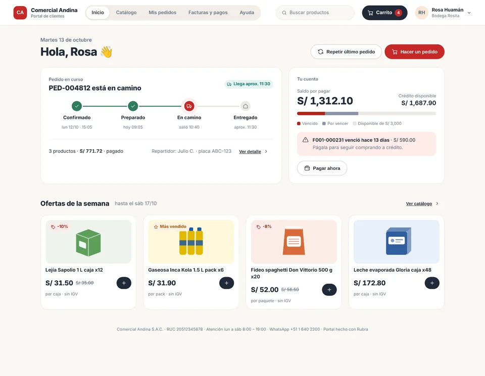 Portal de clientes con pedido en camino, saldo por pagar y ofertas de la semana