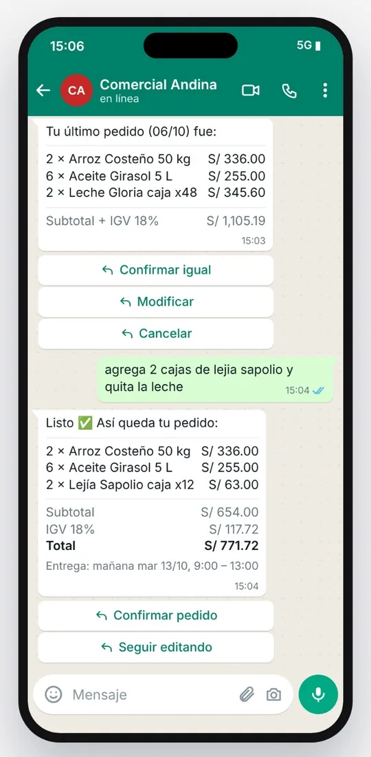 Conversación de WhatsApp donde el cliente repite y modifica un pedido